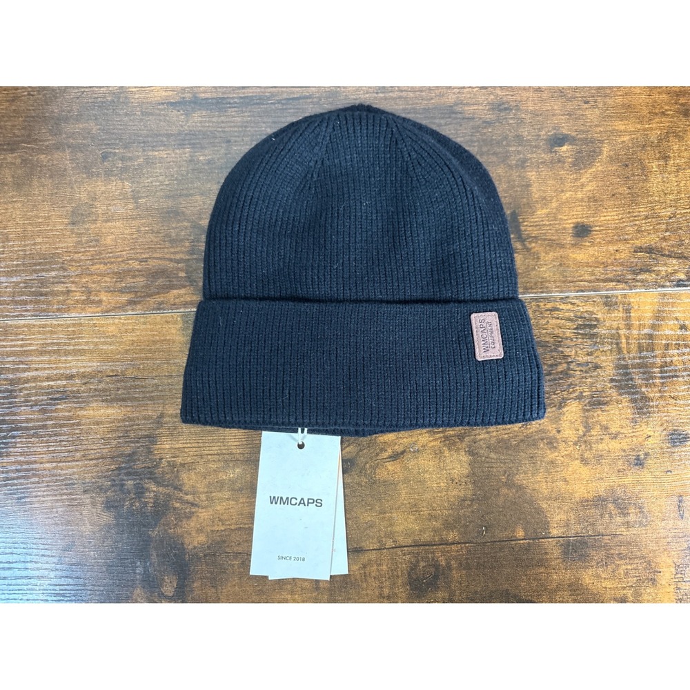 WMCAPS Black Ribbed Knit Fleece Lined Cuffed Beanie Winter Thermal Hat Unisex